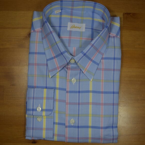 $950 NEW BRIONI DRESS SHIRT BLUE SALMON PINK PLAID CHECK HAND MADE XL 43 17 - Picture 10 of 11